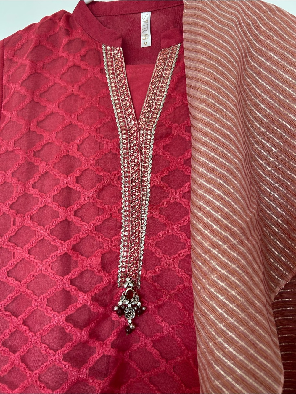 Embroidered Red Kurta Set with Striped dupatta - Picture 3 of 7